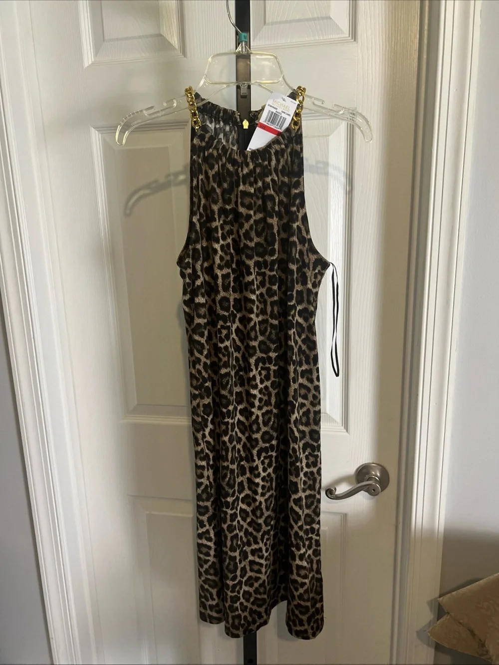 Michael Kors NWT! Gold Chain Halter Dark Camel  Print Dress XS MSRP $110